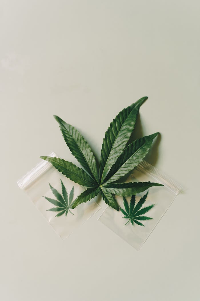 A detailed view of a cannabis leaf placed on plastic bags, symbolizing marijuana use.